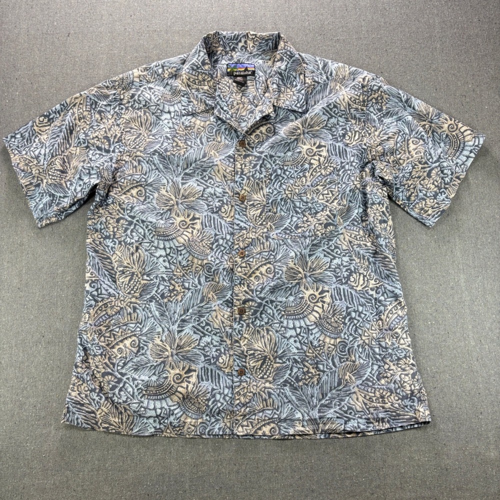Patagonia Pataloha Shirt Mens XL Blue Grey Cotton Tribal Floral Button Down